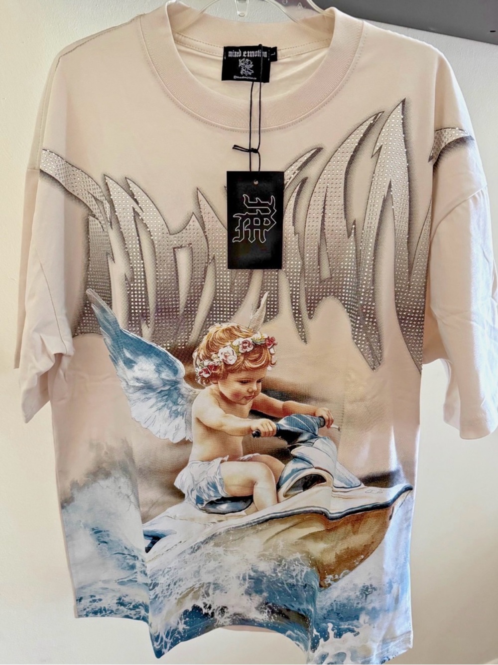 Mixed Emotion Rhinestone Jetski Angel Cherub Tee Shirt CREAM Large NWT